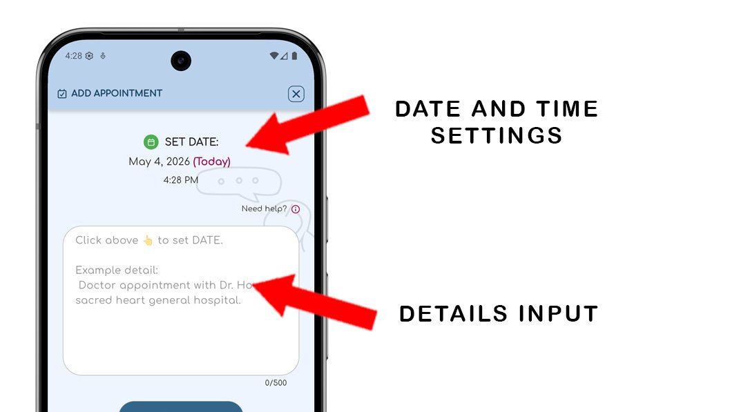 ChatNotr app on a phone showing the add appointment form with fields for title, date, time, and notes