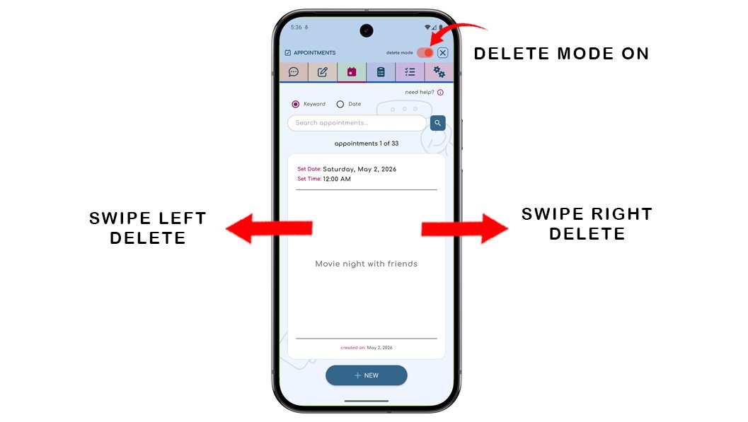 ChatNotr app on a phone showing the delete mode toggle button located at the top right of the screen