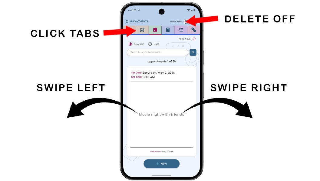 ChatNotr app on a phone showing the tab icons at the top of the screen used to navigate to the Appointments screen