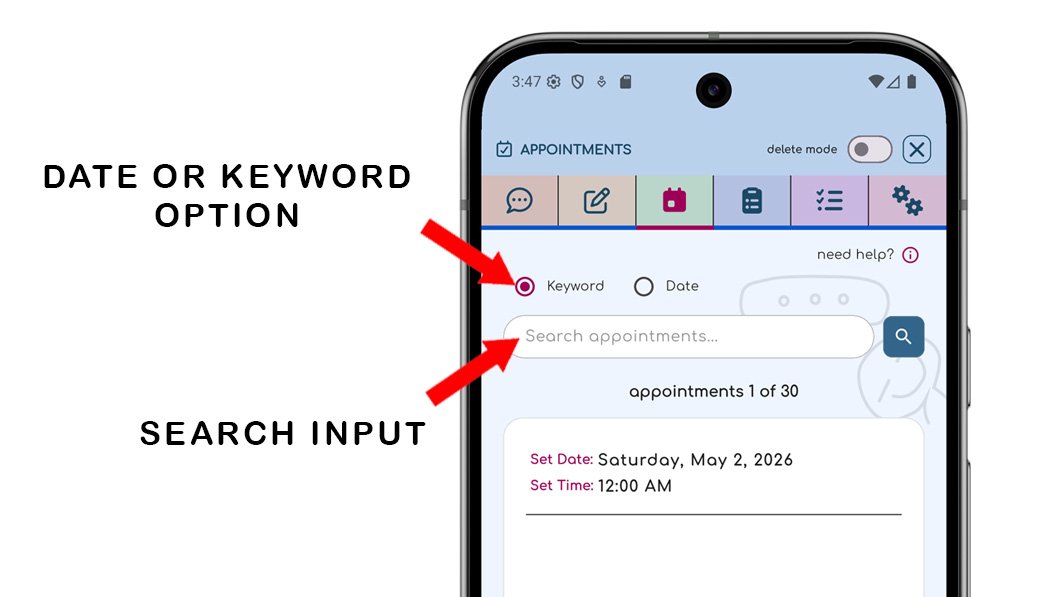 ChatNotr Appointments screen showing the search box filtering appointment cards in real time