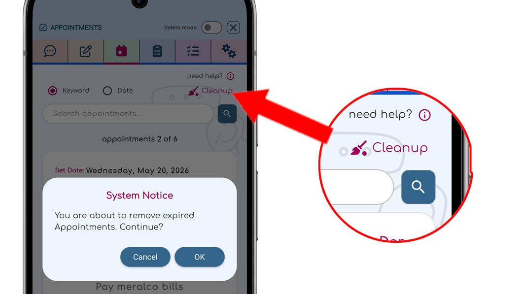 ChatNotr appointments cleanup button for deleting all expired appointments at once