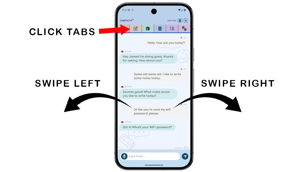 ChatNotr app on a phone showing the tab icons at the top of the screen used to navigate to the Chat screen