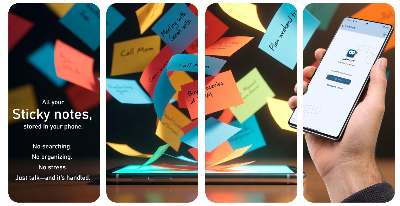 ChatNotr AI memory assistant mobile app screenshots showing chat interface, reminders, and note-taking features
