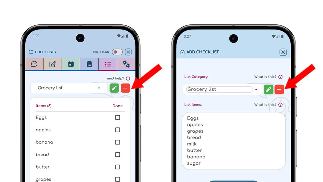 ChatNotr app showing a delete button next to a checklist group title
