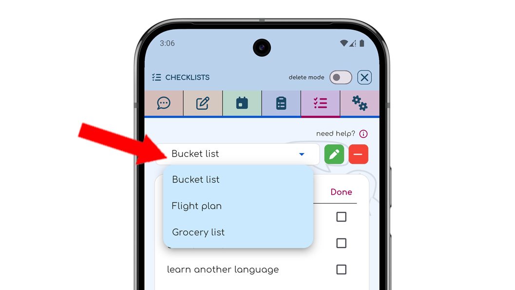 ChatNotr Checklists screen showing a dropdown used to select checklist groups