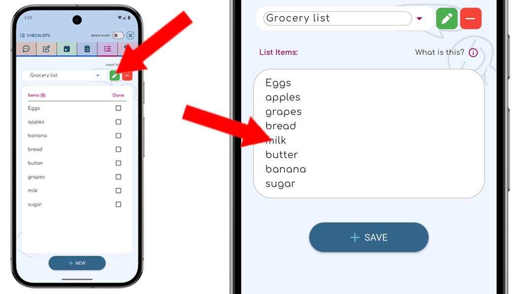 ChatNotr app showing a checklist editor with a title field and multiline item input where each line represents an item