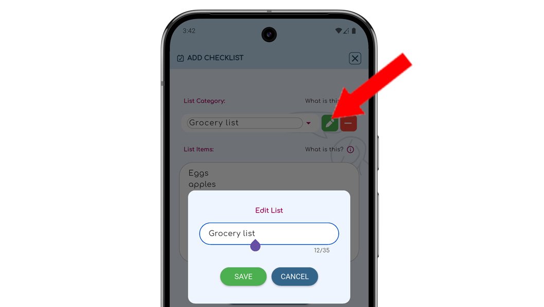 ChatNotr app showing a checklist group title edit popup