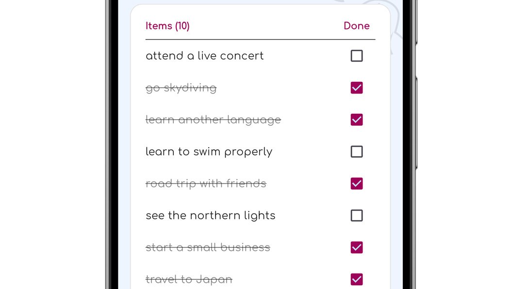 ChatNotr checklist screen showing items being marked as complete using checkboxes