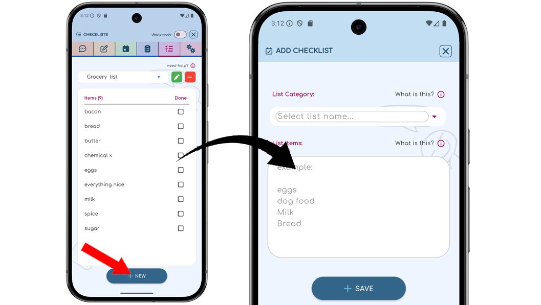 ChatNotr Checklists screen showing the New button at the bottom for manually creating a new Checklist