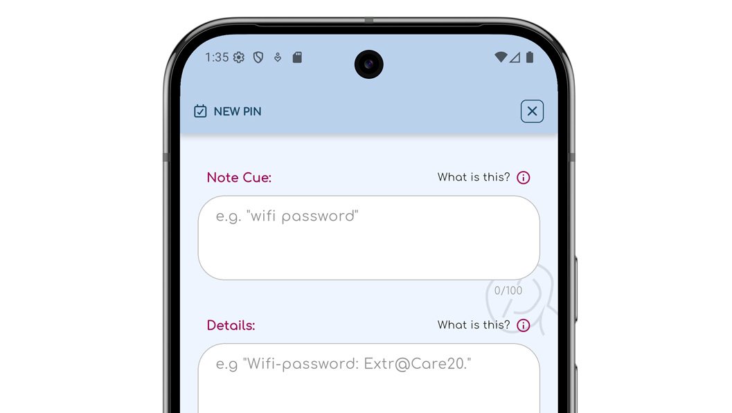 ChatNotr app on a phone showing the add pin form with fields for cue and details