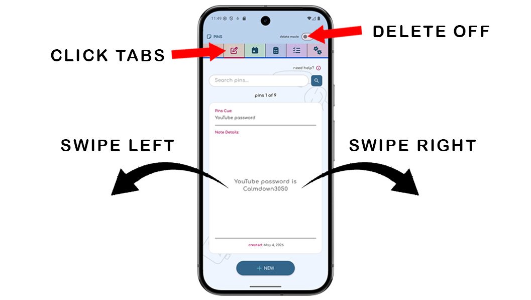 ChatNotr app on a phone showing the tab icons at the top of the screen used to navigate to the Pin screen