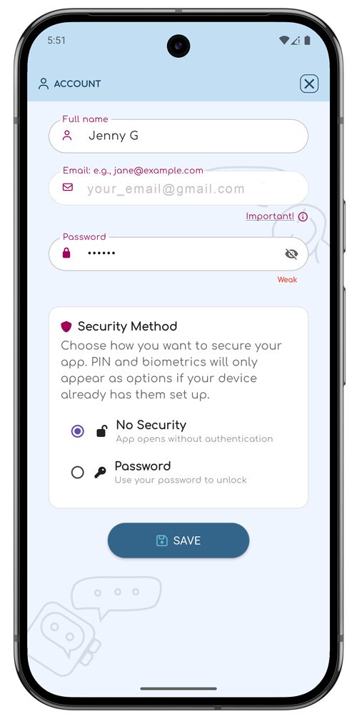 ChatNotr settings screen showing the Account section with user profile and security options