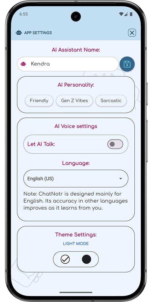 ChatNotr app settings screen showing theme and assistant preferences