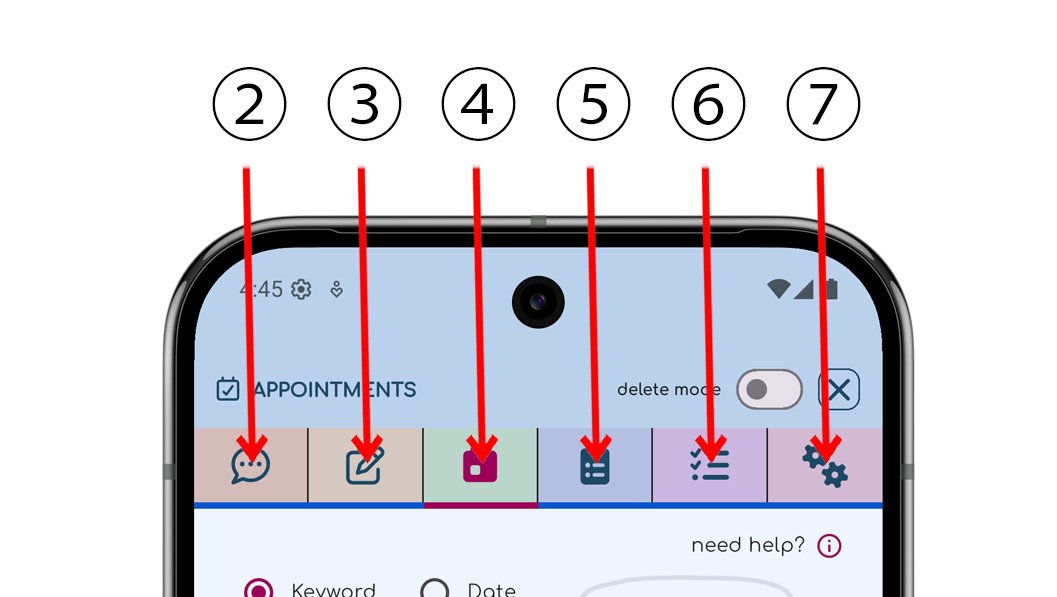 ChatNotr screen showing numbered labels explaining each tab icon such as Pins, Appointments, Tasks, and Checklists
